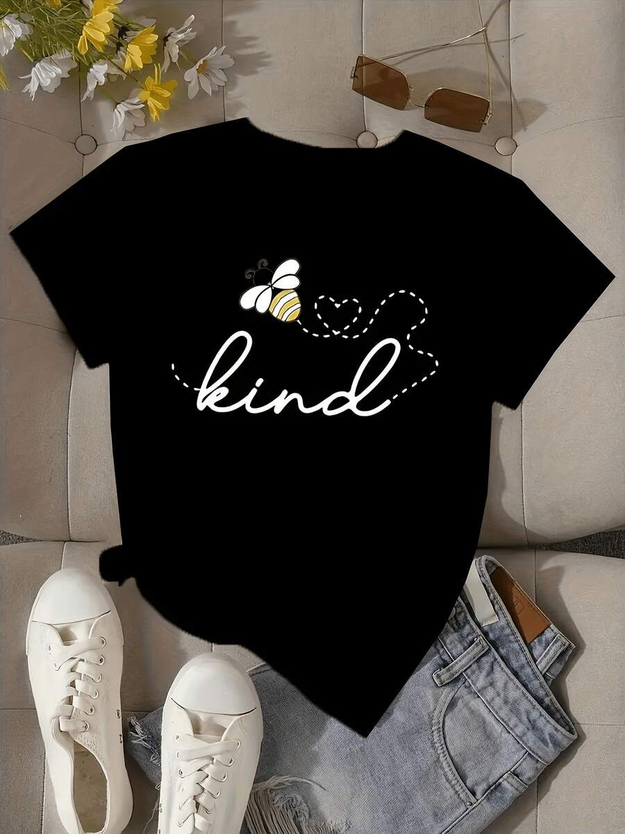 Camisetara mujer amarillo brillante con estampado de abeja "Kind Bee" - Top casual de manga corta con abeja y letras "Kind", cuello redondo, ligera elasticidad para verano y atuendo casual - Lindos gráficos de abejara salidas casuales, atuendo casual, camiseta simple de color liso (corte