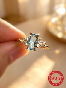 1pc S925 Sterling Silver Inlaid Synthetic Zirconia Teal Geometric Square Ring, Elegant Quality Jewelry For Women's Daily And Party Wear - Yellow Gold - View 1