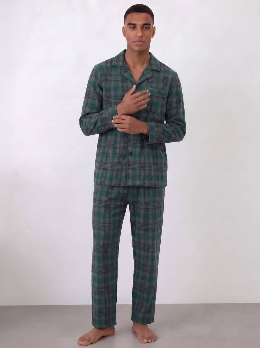 Snug League Bộ đồ ngủ thường ngày thời trang nam mới, áo dài tay và quần dài, quần áo mùa đông - màu xanh lá - Xem 1