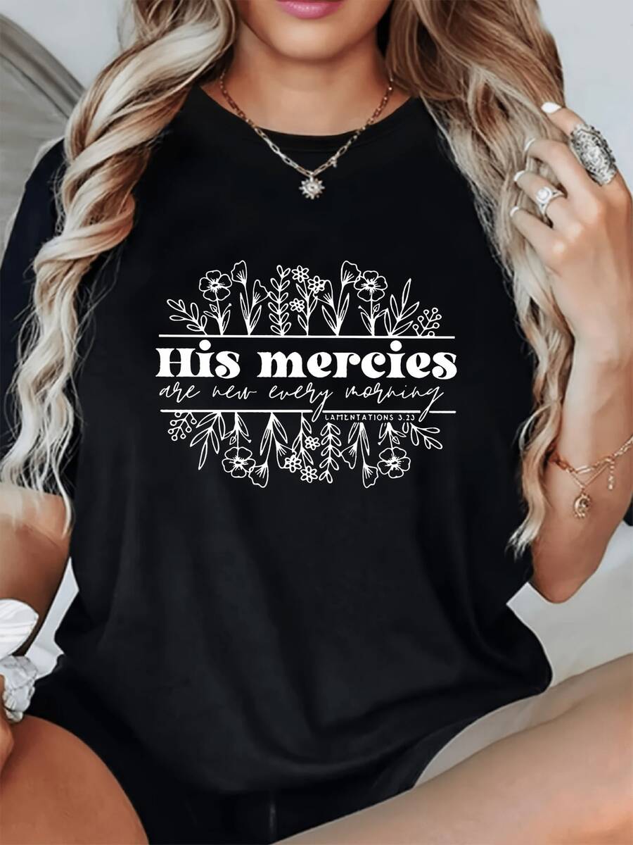 Camisetara mujer con estampado "HIS MERCIES" - Top extragrande de cuello redondo y manga corta, tela de  transpirable, ligera y adecu para comodidad en todas las estaciones, blusa de uste hoado minimalista compatible con la iglesia, atuendo casual y para usar en capas