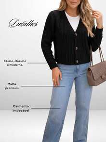Women's Mousse Coat With Buttons, Ribbed Knit, Elegant, Long Sleeve, Basic Blouse For Cold Winter - Negro - Ver 4