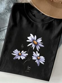 Camiseta de manga cortara mujer - Top casual suave de cuello redondo con blusa geométrica, corte regular, camiseta básicara todos los días, prenda básica de ar lavable a máquinara todo el año () - Negro - Ver 2