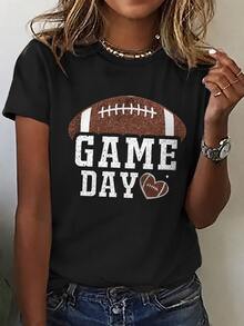 Women's Casual Football Graphic Tee - Short Sleeve, Crew Neck, Breathable Cotton Summer Top-For Women -Game Day Football T-Shirt-Unisex Gift For Fans - 黑色 - 查看 16