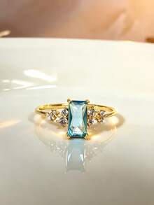 1pc S925 Sterling Silver Inlaid Synthetic Zirconia Teal Geometric Square Ring, Elegant Quality Jewelry For Women's Daily And Party Wear - Yellow Gold - View 5