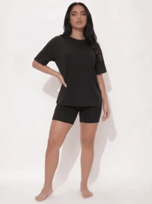 Casual Homewear Round Neck T-Shirt And Shorts Set - Black - View 7