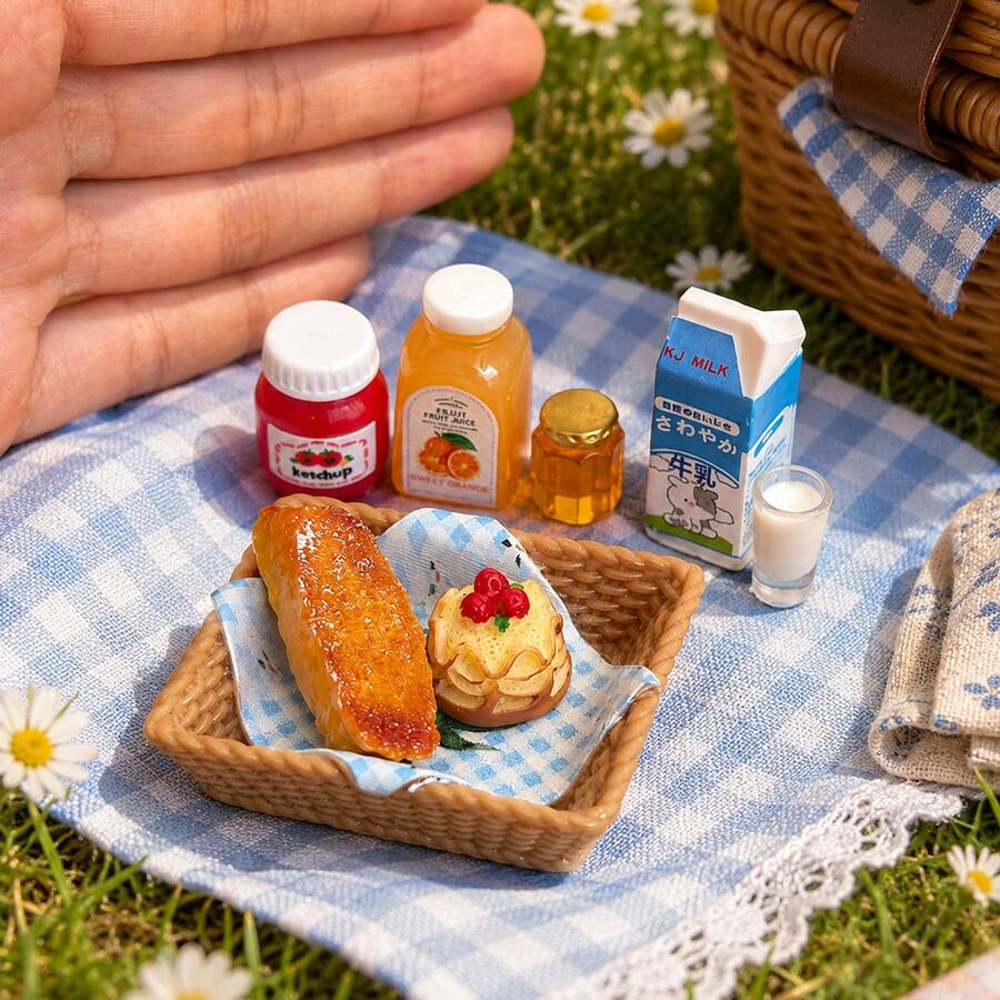 Bộ đồ chơi nhà búp bê thu nhỏ dùng cho dã ngoại, giỏ nhỏ đựng bánh mì, chai sữa, lọ đựng đồ, v.v. Mô hình thu nhỏ tỷ lệ 1:12 dùng làm đạo cụ chụp ảnh. - Bộ 8 món - Xem 1