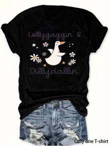 Camiseta casual de mujer, 1 pieza, con cuello redondo y mangas cortas, con estampado gráfico "Lollygaggin & ydallin", adecu para las cuatro estaciones, unrenda de athleisure de moderfectara el uso diario, camiseta de manga corta casual y elegante de uste entallado (uste hoado - Negro - Ver 2