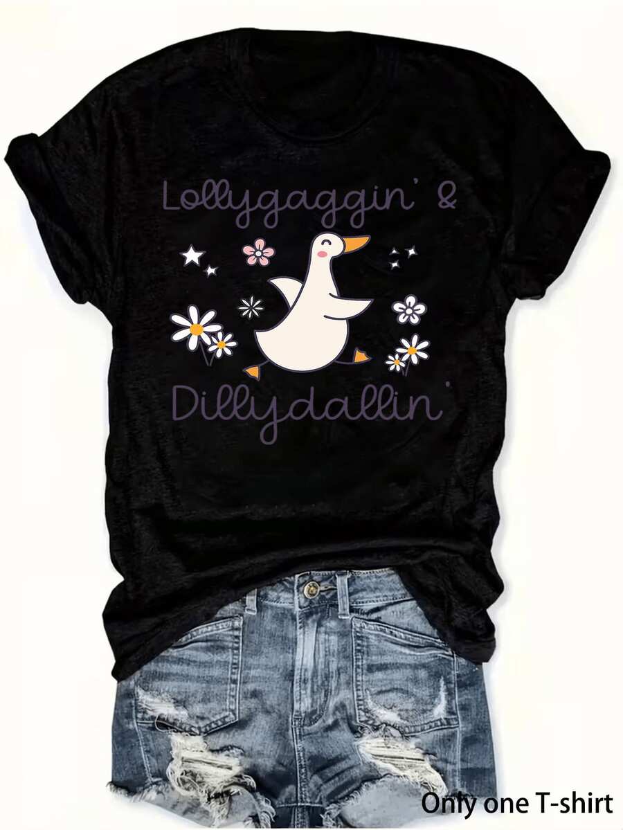 Camiseta casual de mujer, 1 pieza, con cuello redondo y mangas cortas, con estampado gráfico "Lollygaggin & ydallin", adecu para las cuatro estaciones, unrenda de athleisure de moderfectara el uso diario, camiseta de manga corta casual y elegante de uste entallado (uste hoado