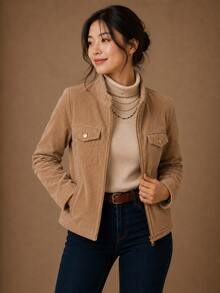 Women's Corduroy Jacket With Zipper - Elegant And Warm - Modern - Winter - Velvet - Zipper - Holiday - School - Vacation - Daily - Office - 米色 - 查看 5