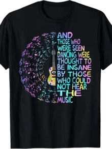 Guitarra rodeada de notas musicales multicolor que representan la libertad del alma y la conexión con la música que invita a bailar sin miedo camiseta de mujer casual moderna cómoda para uso diario - Negro - Ver 1