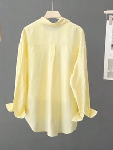 1pc Polyester Solid Color Button Front Short Back Long Pocket Casual Loose Shirt Jacket For Women, Long Sleeve, Spring/Summer - Yellow - View 2