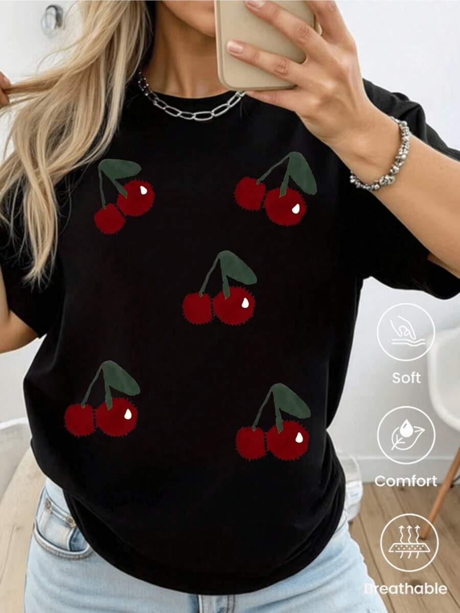 Bright Red Cherries Symbolize Energy, Joy, And Natural Sweetness, Highlighting A Jovial And Fresh Spirit, Ideal For Sunny Days And Casual Moments. Soft, Comfortable, And Breathable Women's T-Shirt - 黑色 - 查看 1