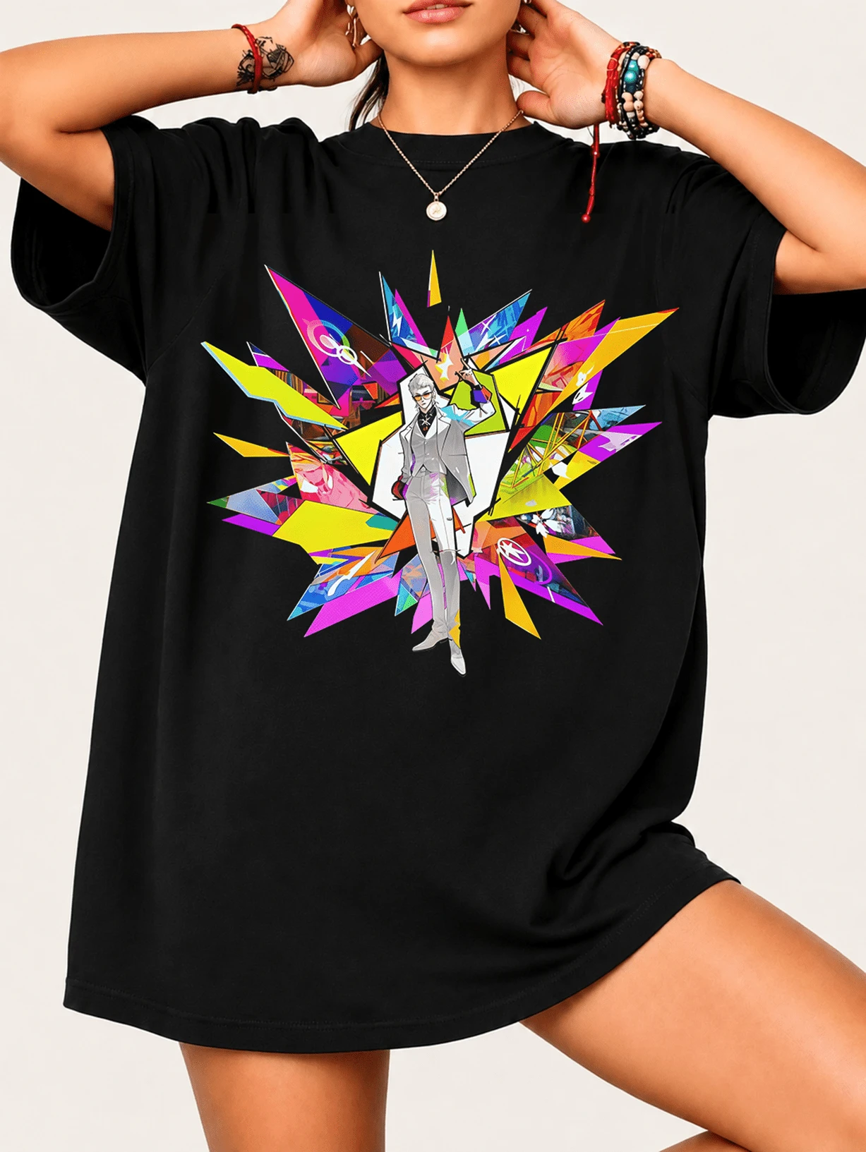 Anime T-Shirt For Fans - 100% Cotton Unisex, Colorful Character Print, Comfortable Streetwear Style - Black - View 1