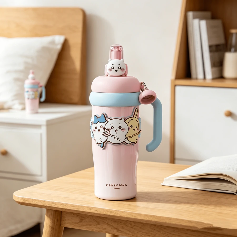 Bình giữ nhiệt Miniso Chiikawa Series dung tích lớn, làm bằng thép không gỉ 316, có ống hút, bình nước hình hoạt hình dễ thương, có tay cầm, quà tặng 960ml/32.47oz - Hồng - Xem 1