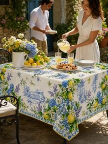 1pc Mediterranean Blue & White Lemon Lavender Floral Print Tablecloth, Fresh Pastoral Tile Style Dining Table Decor, Suitable For Kitchen, Dining Room, Patio Lunch, Kitchen Essentials, Home Decor - Baby Blue - View 16