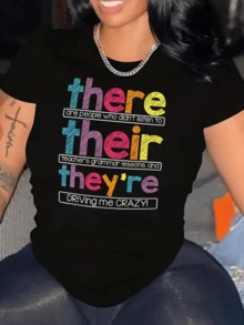 Colorful Words That Express Humor About Grammar Mistakes With A Funny Message For Those Who Confuse Similar Terms. Casual, Comfortable, And Modern Women's T-Shirt, Ideal For Language Lovers. - Black - View 8