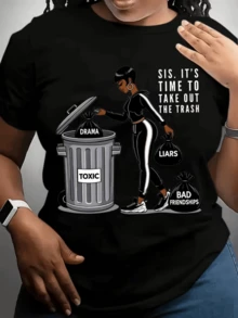 Una mujer con actitud fuerte que simboliza la liberación de la negatividad arrojando al cubo lo tóxico lo falso y las malas amistades como un mensaje de empoderamiento y renovación camiseta de mujer casual moderna cómoda para uso diario - Negro - Ver 1