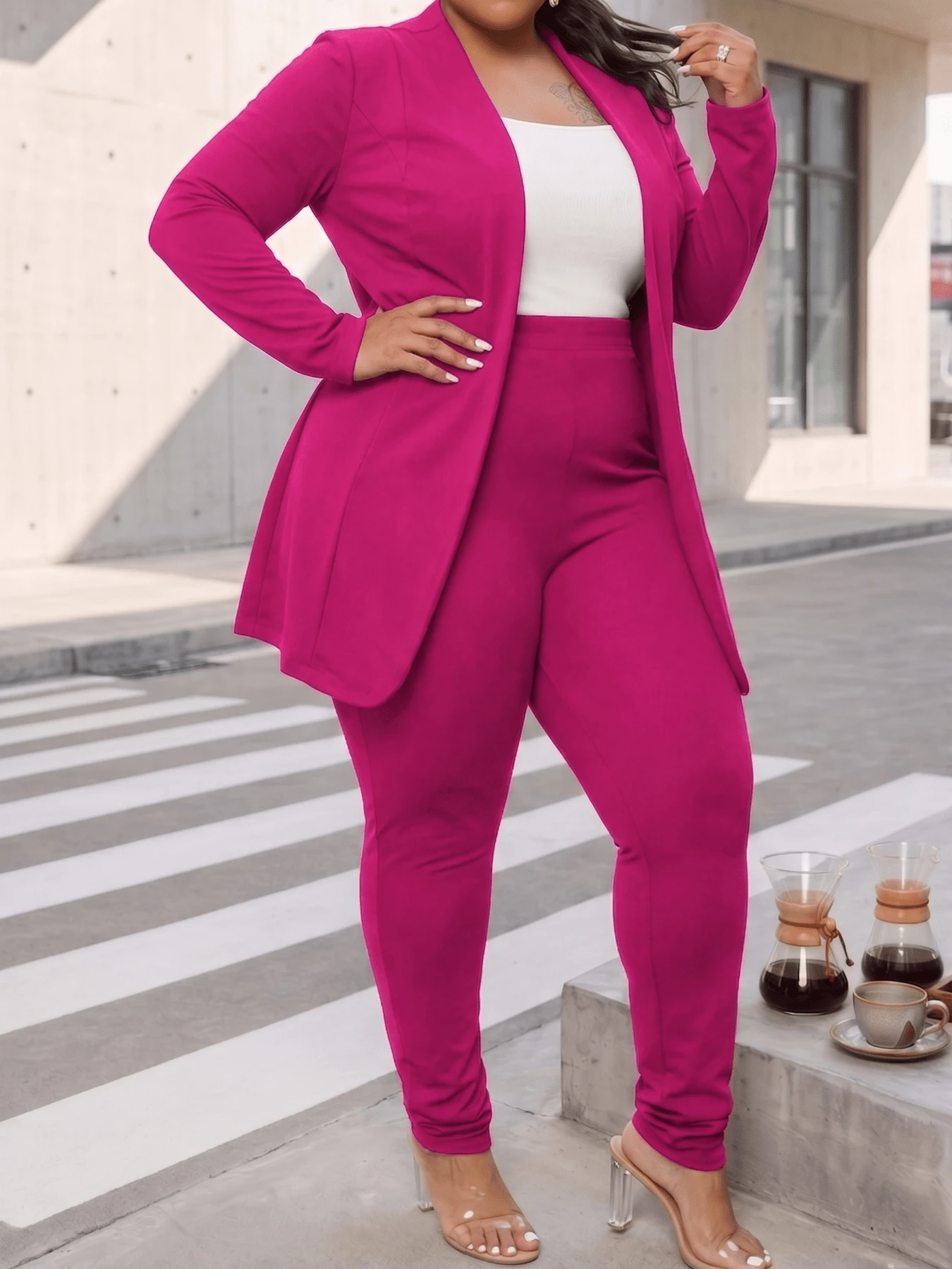 CALEBGAR Conjunto elegante de pantalón liso para mujer de talla grande: blazer de manga larga con frente abierto y pantalón con cintura elástica. - Rosa Fucsia - Ver 1