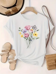 A Bouquet Of Colorful Flowers Symbolizing Joy, Hope, And Freshness, With Pink, Yellow, And Lilac Petals Representing The Beauty Of Nature. A Comfortable And Modern Casual Women's T-Shirt. - 白色 - 查看 8