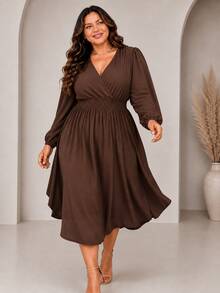Women's Plus Size Dress With Wrap Neckline, Long Sleeves, Side Slit, Loose Fit, For Parties - Rỉ Nâu - Xem 1
