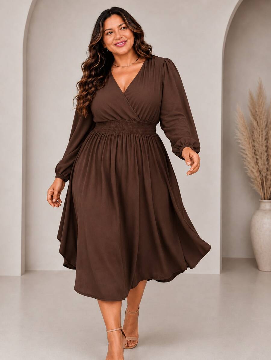 Women's Plus Size Dress With Wrap Neckline, Long Sleeves, Side Slit, Loose Fit, For Parties - Rỉ Nâu - Xem 1