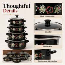 5pcs Vintage Floral Enamel Cookware Set, 16-24cm Graduated Sizes, Steel Rim Durable Pots With Glass Lids, Large Capacity - View 7