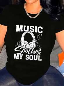 Premium Plus Size - Women's Plus Size Black T-Shirt, Designed With A Headphone Print And The Phrase "Music Calms My Soul" - Perfect For Casual Wear. Cute. New Arrival - 黑色 - 查看 6