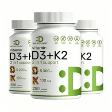 Supplement Vitamin D3K2, 250 Veggie Softgels, 2 In 1 (5000 D3+100mcg K2 MK7)| Healthy Bones, Teeth, Heart, Immune System Healthcare Dietary Fitness Edible - 3PCS - 查看 6