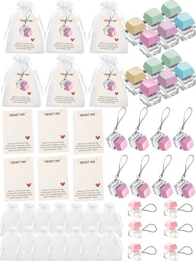 15/3pcs Pink Stress Relief Keyboard Fidget Toy Keychain Set, Includes Push Button Pendant, Thank You Card, White Bag, Party Decor, Commemorative Small Gift, Birthday Party Favor, Adult Stress Relief Push Button, Time Killer, Perfect Gift Idea