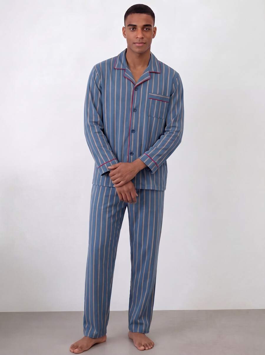 Snug League 男士加大码睡衣套装(2件套) - 舒适面料睡衣套装,时尚蓝色条纹长袖衬衫和长裤 - 休闲家居服,适合户外穿着,冬季服装 - 藍色 - 查看 1