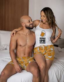 Women's Baby Doll Couple Pajamas I Love A Cold One Piece + Men's Striped Shorts One Size - trắng - Xem 4