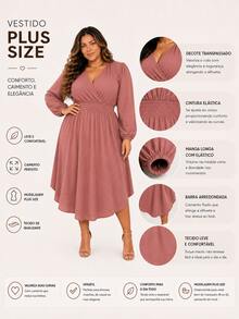 Women's Plus Size Dress With Wrap Neckline, Long Sleeves, Side Slit, Loose Fit, For Parties - Rusty Rose - View 2