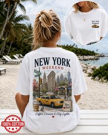 Playera Oversize Para Mujer Con Estampado New York Weekend, Camiseta Casual De Manga Corta Con Diseño Urbano De Ciudad Y Taxi - Blanco - Ver 1