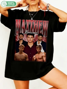 Mattheww Broomeee Retro Bootleg Style Cotton T-Shirt, Sports Graphic T-Shirt, Red Lightning Aesthetic, Casual Crew Neck, Unisex Streetwear, Fan-Inspired Merchandise. - Black - View 6
