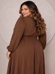 Women's Plus Size Dress With Wrap Neckline, Long Sleeves, Side Slit, Loose Fit, For Parties - Rỉ Nâu - Xem 4