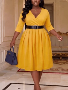 Women's Elegant Casual Vacation Elegant Party Date Office Commute Short Puff Sleeve Floral Decor Ruched Hem Split Midi Dress, Spring/Summer - Yellow - View 2
