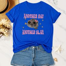 Women'S Athletic Wear Featuring A Stylish Round-Neck Short-Sleeve T-Shirt With Cute Animal Graphics - 藍色 - 查看 7