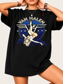 Van Halenn Pin-Up T-Shirt - The Band's Logo With A Pin-Up Girl, Vintage 80s Rock Style. 100% Soft Cotton, Unisex T-Shirt. - Black - View 1