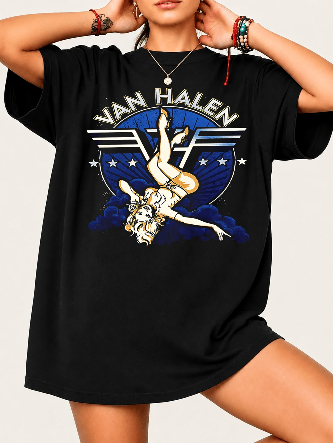 Van Halenn Pin-Up T-Shirt - The Band's Logo With A Pin-Up Girl, Vintage 80s Rock Style. 100% Soft Cotton, Unisex T-Shirt. - Black - View 1