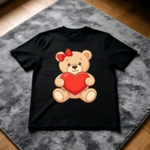 Womens Regular Fit Black Cotton T-Shirt With Cute Teddy Bear Heart Print Round Neck Short Sleeve Top - 黑色 - 查看 6