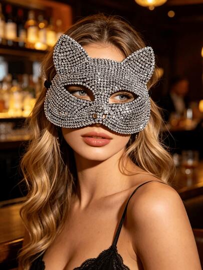 1 pieza Máscara de ojo de gato con rhinestones, máscara de mascarada con cristales brillantes, adecuada para Halloween, cosplay y fiestas temáticas. Máscara de ojo de gato brillante, máscara de cristal completa hecha a mano para mujeres, regalo ideal para carnaval, boda y fiesta de Año Nuevo