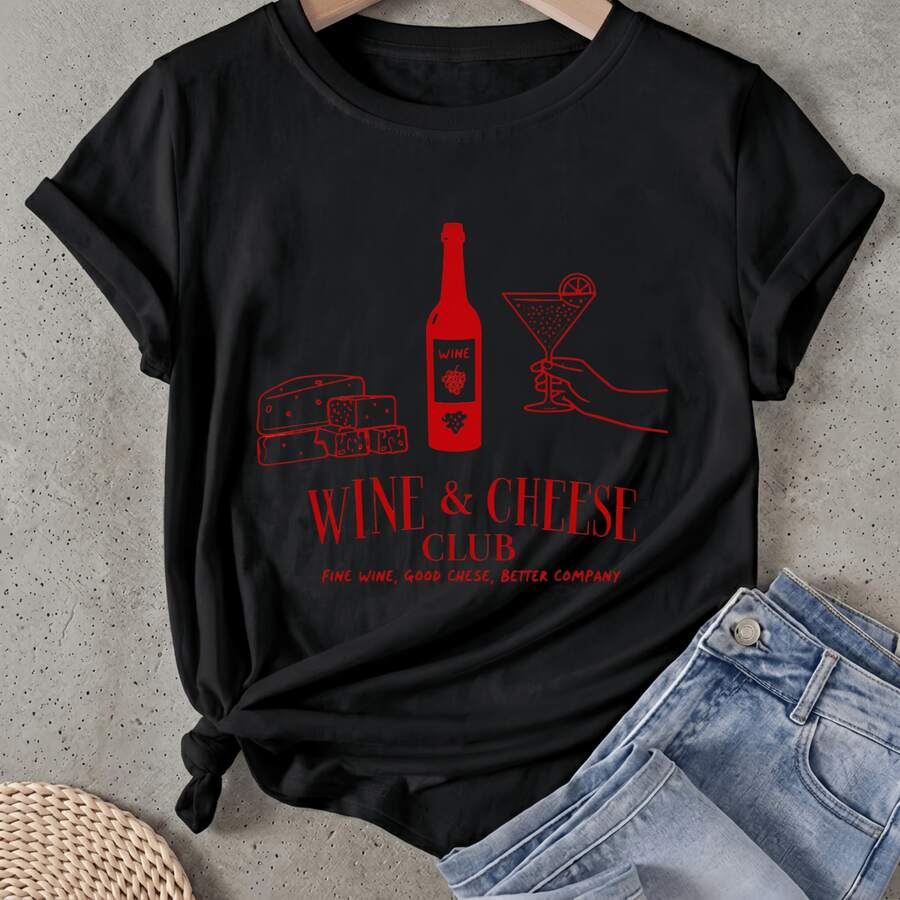 Camiseta de mujer Botella de vino Queso Martini Mano Manga Corta Cuello Redondo Casual Adecuado para primavera y verano - Negro - Ver 1