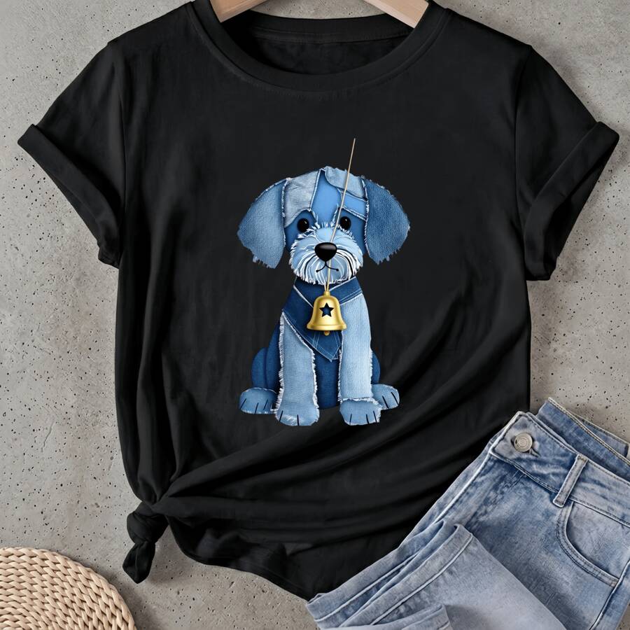 Women's T-Shirt Blue Dog With Bell And Sword Short Sleeve Round Neck Casual Suitable For Spring And Summer - Black - View 1