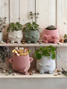 1pc Mini Succulent Plant Pot For Office Desks, A Perfect Container For Growing Herbs Or Succulents, Ideal As A Gardening Gift And Home Decoration, Made Of Plastic Set Of 3D Printed Sitting Posture Heart-Shaped Flower Pots,For Office Desktop, Creative Garden Balcony Landscape Planters, Home Decor Items - A - View 1