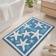 1PC Blue Starfish Bath Mat, Coastal Style Faux Velvet Rectangular Rug With Low-Pile Short Plush, Machine Washable & Easy Clean Non-Slip Bathroom Floor Mat For Home Decor.Bath Mat,Bathroom Rug Area Rug For Bedroom Or Living Room Decor. - Ocean Breeze - View 5