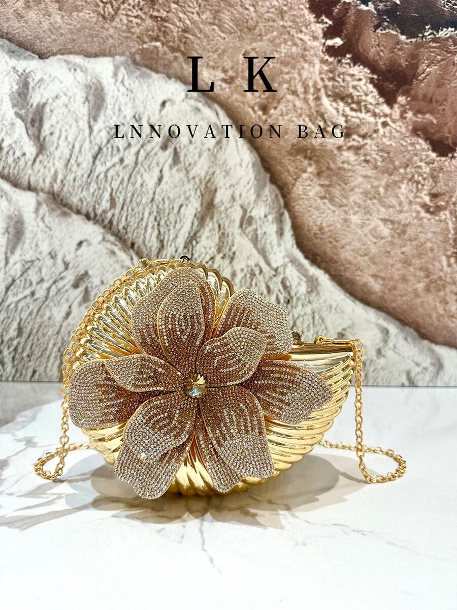 1件奢華金色水鑽花朵手提包,優雅女士貝殼造型晚宴手拿包,附金屬鏈條肩帶,適合派對、婚禮與晚禮服配件 - 彩色 - 查看 1