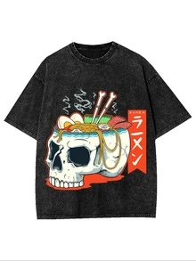 Heavy-Duty Printed T-Shirts For Men And Women | Skull Ramen Bowl Design, Soft And Breathable, Regular Fit, Crew Neck, Short Sleeve, Retro Urban Hip Hop Style, Casual Wear For All Seasons, Machine Washable FOOS - 黑色 - 查看 1