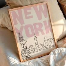 1 Stück New York City Skyline mit Freiheitsstatue Rosa Leinwand Poster - Moderner minimalistischer rosa akademischer Innenraum Ästhetik, Tintendruck der Freiheitsstatue und des World Trade Center 1, geeignet für Studentenwohnheim, Wohnzimmer, Schlafzimmer, moderne Heimdekoration, Leinwandkunst, modische Mädchenkunst, inspirierende Zitat Kunst, Heimdekoration, Hängeleinwand - A - Übersicht 6