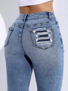 PETITE Vintage Distressed Minimalist Versatile Skinny Fit Denim Jeans For Women, Stretchy Slim Leg - Blue - View 3