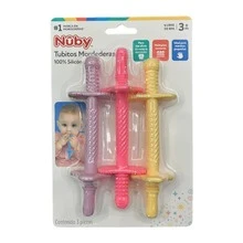 Mordedera En Forma De Tubitos De Silicon nuby paquete de 3 piezas de dentición para bebés, varillas de dentición de múltiples texturas, tamaño para manos pequeñas, 3M+, niña - Rosa Pálido - Ver 1